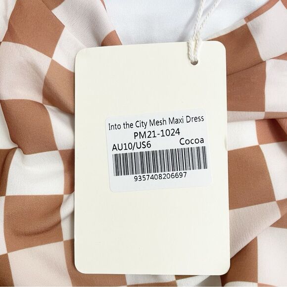 NWT Peppermayo Into The City Mesh Maxi Dress Cocoa Cream Check Womens Size 6 NEW - Picture 12 of 16